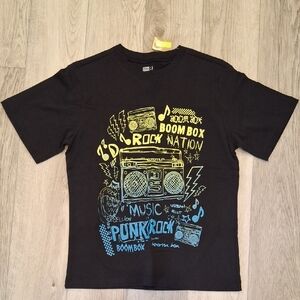 Crazy 8 Black Graphic Tee with Yellow and Blue Boom Box Art